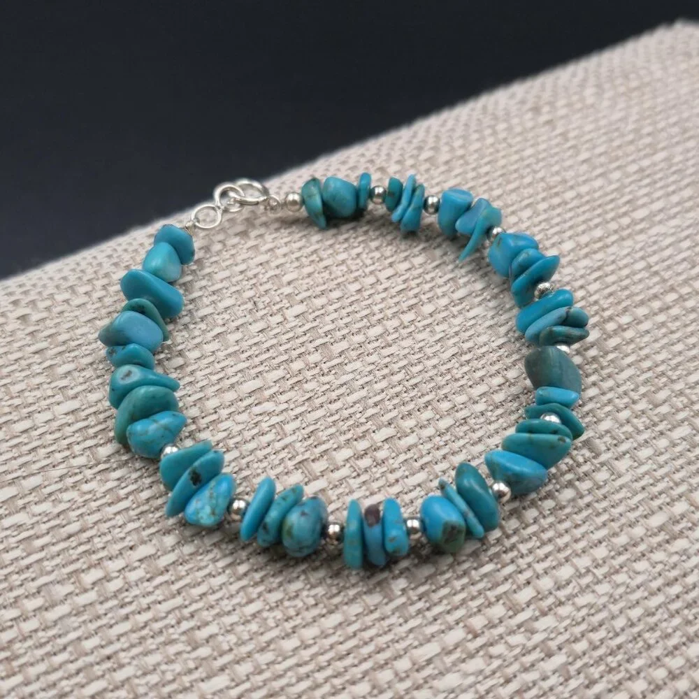 7.5 Inch Sterling Silver Blue Turquoise Stone Bracelet B963 - Picture 2 of 6